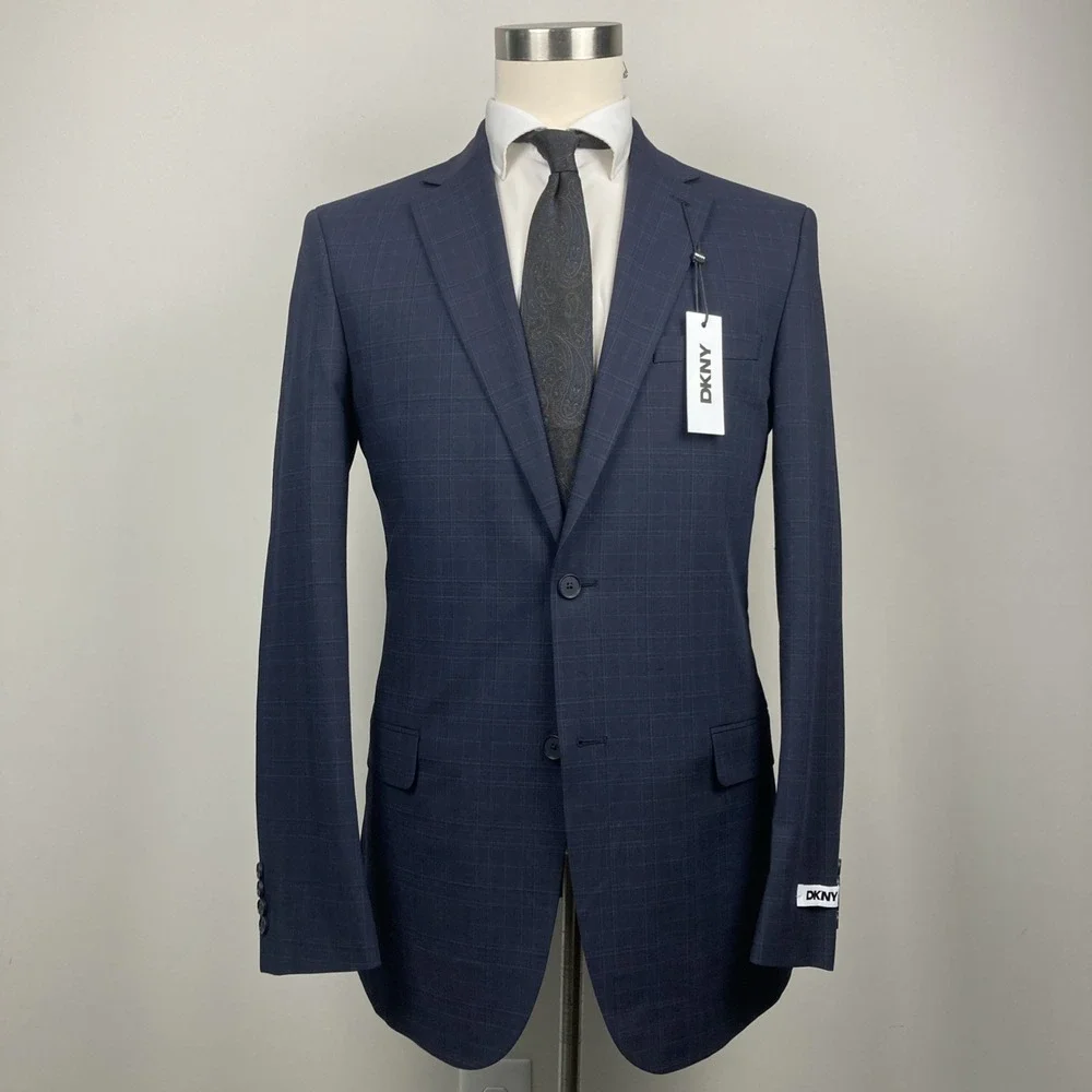 DKNY Mens Modern‎ fit 2-pc Suit Jacket 40L Navy Blue Solid Plaid Pants 35W 33L